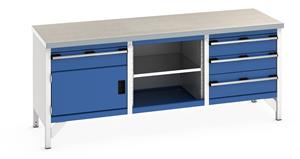 Bott Bench 2000Wx750Dx840mmH - 1 Cupboard, 4 Drwrs & LinoTop 2000mm Wide Storage Benches 41002060.11v Gentian Blue (RAL5010) 41002060.24v Crimson Red (RAL3004) 41002060.19v Dark Grey (RAL7016) 41002060.16v Light Grey (RAL7035) 41002060.RAL Bespoke colour £ extra will be quoted